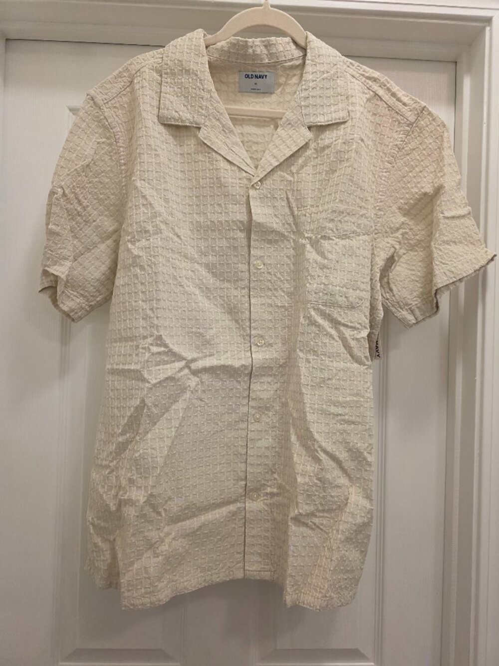 Old Navy Men's XL Textured Camp Shirt Cream Button Front 100% Cotton Resort